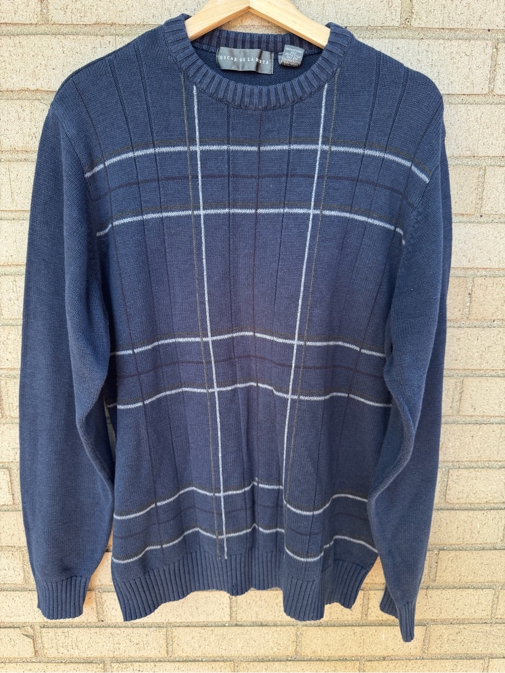 Oscar de la Renta Navy Crewneck Cotton Sweater Large Windowpane Crewneck